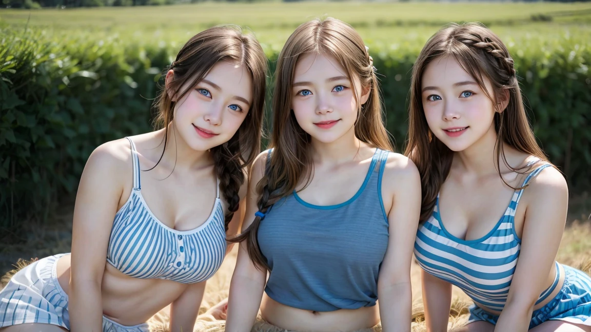(3 girls), young faceอินโดนีเซีย, smile, white skin, Round breast, blue eyes,Heart braid, skirt, random striped tank top, masterpiece, Highest quality, 8ก, beautiful girl, young face、 photography, Cute face, thigh,In the summer meadow,、รอยsmile、((((((12 years))))))、small waist,blue eyes(((big breasts:1.1)))
