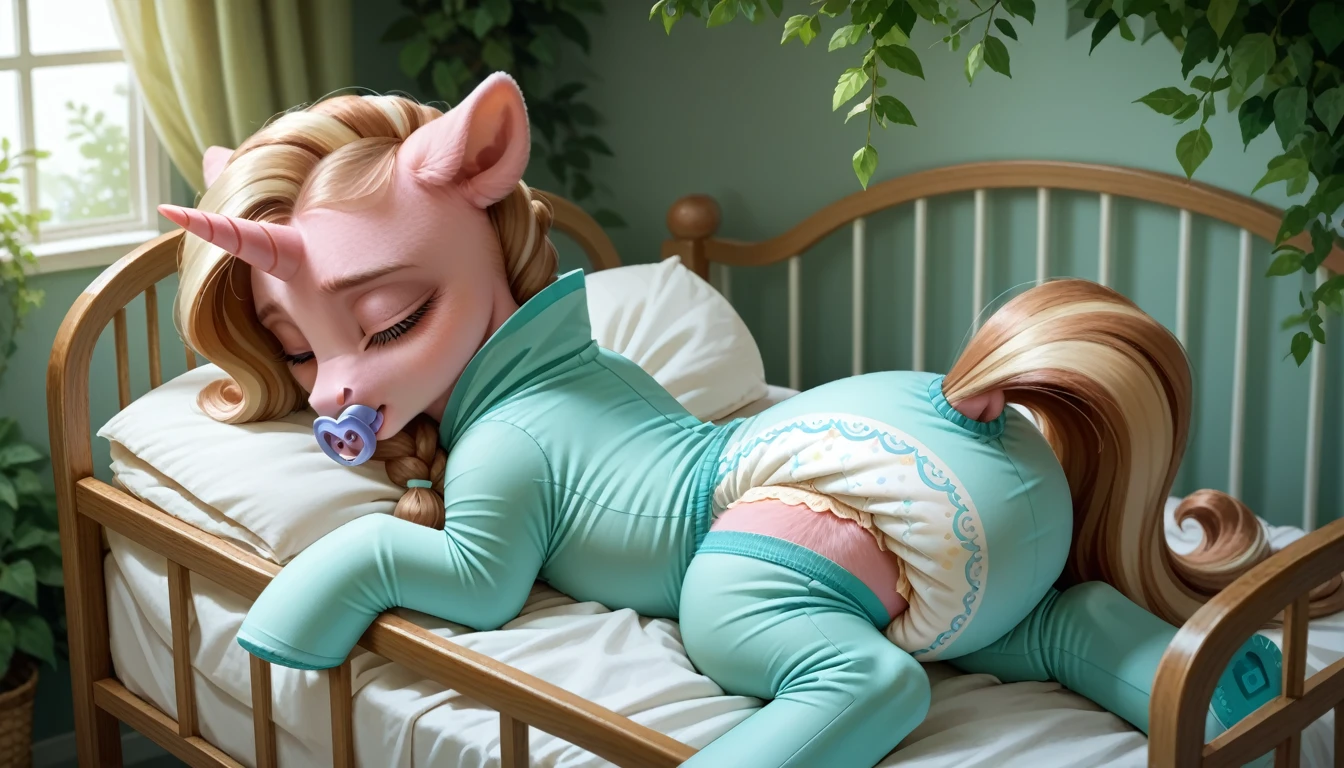 pony, light caramel unicorn, adult filly, plum eyes, lush mane braided, bushy tail, sleeps in a crib, closed eyes, dressed in a bodysuit and booties, pacifier in mouth, solo, thick diaper under clothes.