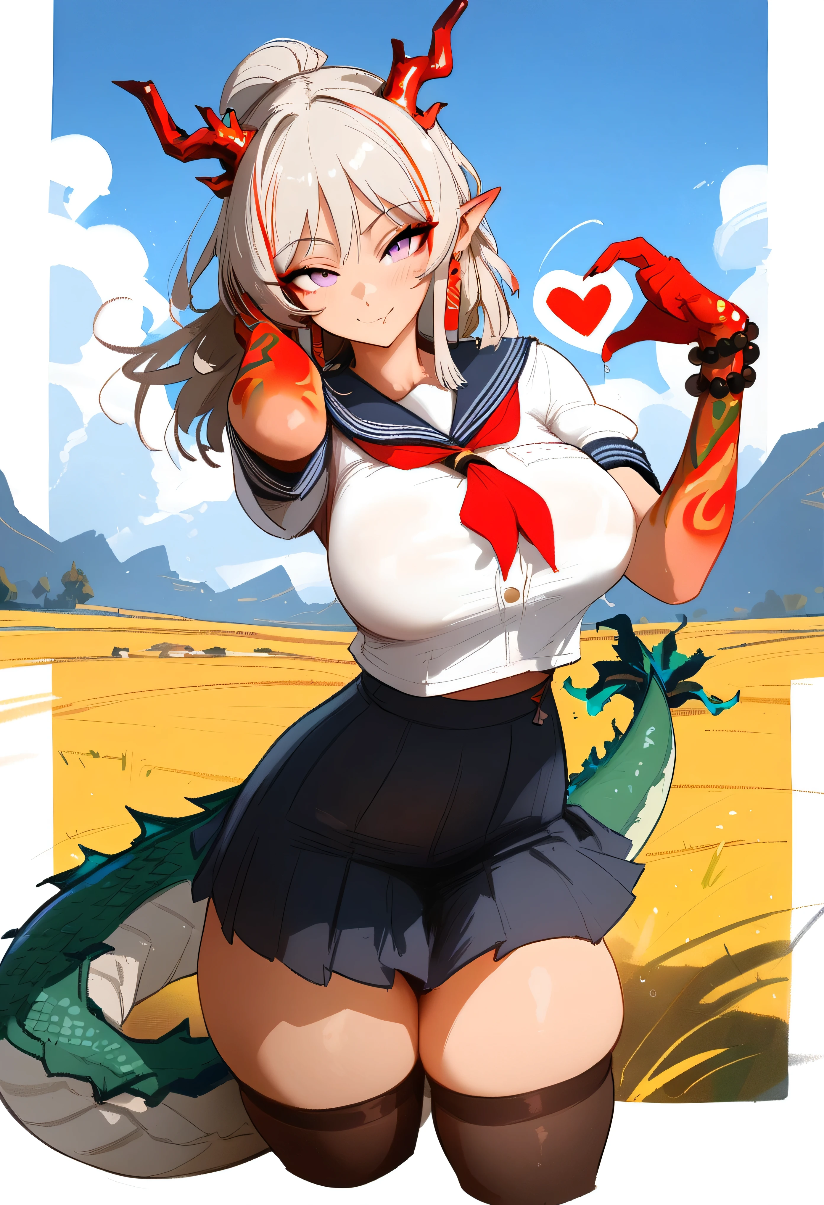 1girl, nian \(arknights\), arknights \\\\\ masterpiece, best quality, newest, horns, ///// , , by khyle, cutesexyrobutts, nyantcha \\\\\ thin waist, highres, absurdes.,,,big breasts, dragon_girl, cropped legs, sky, clouds, dragon tail, serafuku, sailor collar, skirt, light purple eyes, looking at viewer,  black stockings, implied sex, field, smile, blush, ear blush, heart shaped hands