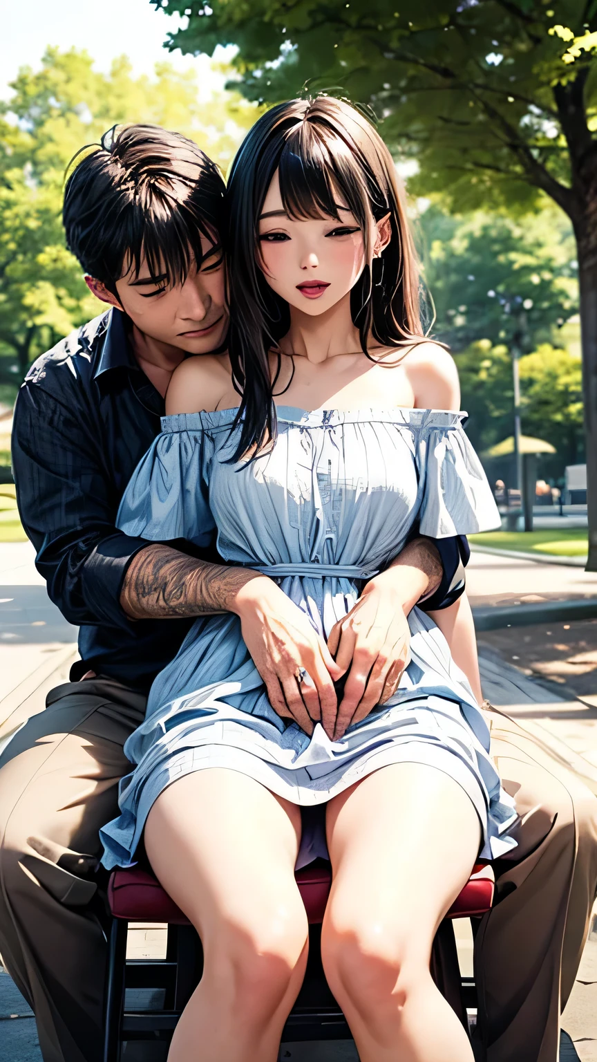 highest quality、4K quality、Man sitting on a chair in the park、Woman in off-the-shoulder dress riding on man、Man touches woman、Man hugs woman、woman opens her legs wide、nude crotch、The woman is shy、A man inserts his penis into a woman