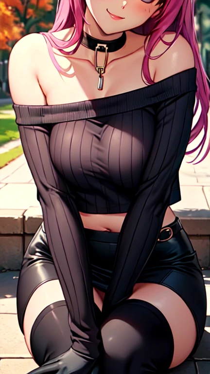 Masterpiece, raw, beautiful art, professional artist, 8k, art style by sciamano240, very detailed face, very detailed hair, 1 woman, perfectly drawn body, beautiful face, long hair, pink hair , very detailed green eyes , rosey cheeks, intricate details in eyes, playful smile, looking directly at viewer , in love with viewer expression, black chocker, lipstick, wearing cute fall clothes, ribbed black crop off shoulder sweater, short black pencil skirt, thigh boots, crouched down, sunny day fall, cleavage exposed, shoulder exposed