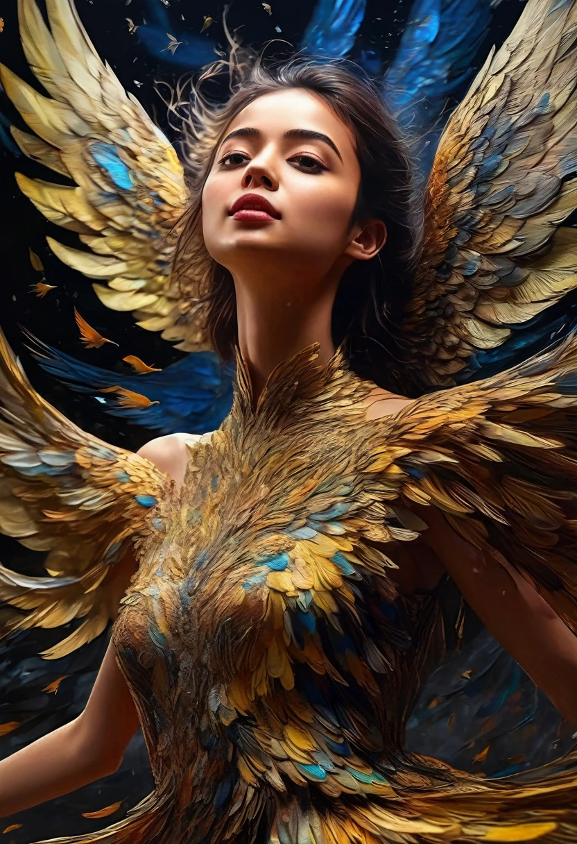 Rough surface, oil on canvas style, delicate face, upper body, a girl, a girl in a black dress, big bird wings, fluttering, surrounded by birds, extreme flow, night, super detailed, intricate, 32k uhd megapixels
best quality --iw 0.5 --q 2 - -s 750 - -two 2 5