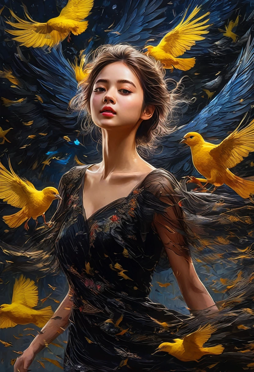 Rough surface, oil on canvas style, delicate face, upper body, a girl, a girl in a black dress, big bird wings, fluttering, surrounded by birds, extreme flow, night, super detailed, intricate, 32k uhd megapixels
best quality --iw 0.5 --q 2 - -s 750 - -two 2 5
