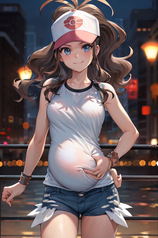 centered, award winning upper body portrait, cowboy shot, 1 pregnant girl, (looking at viewer:1.2), | solo, smile,  def1, third trimester of pregnancy, | city, urban scenery, city lights,| bokeh, depth of field, cinematic composition, |  dynamic pose,