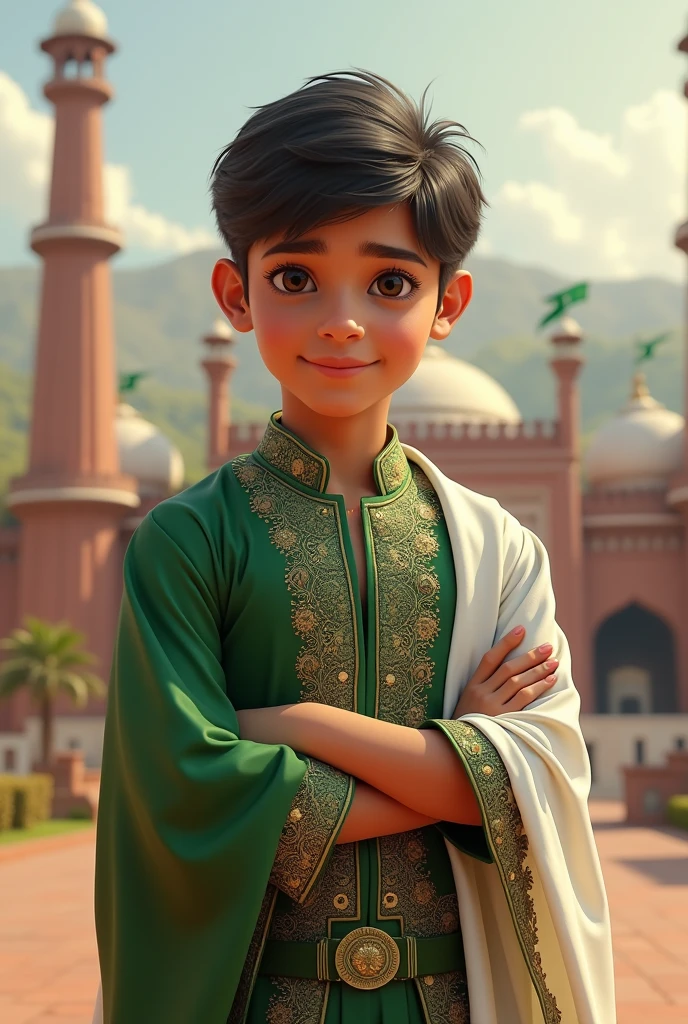 A beautiful man Pakistani boy promote to Pakistan wearing a Pakistan Independence day soat