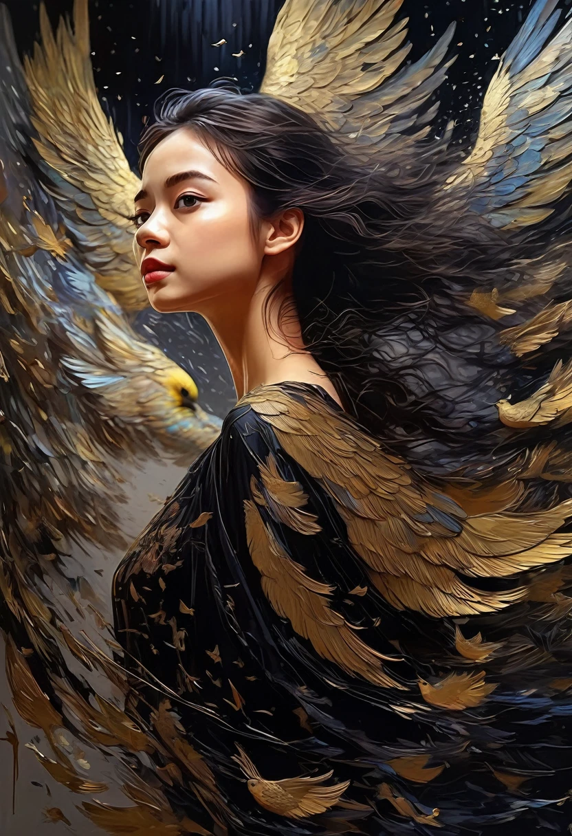 Rough surface, oil on canvas style, delicate face, upper body, a girl, a girl in a black dress, big bird wings, fluttering, surrounded by birds, extreme flow, night, super detailed, intricate, 32k uhd megapixels
best quality --iw 0.5 --q 2 - -s 750 - -two 2 5