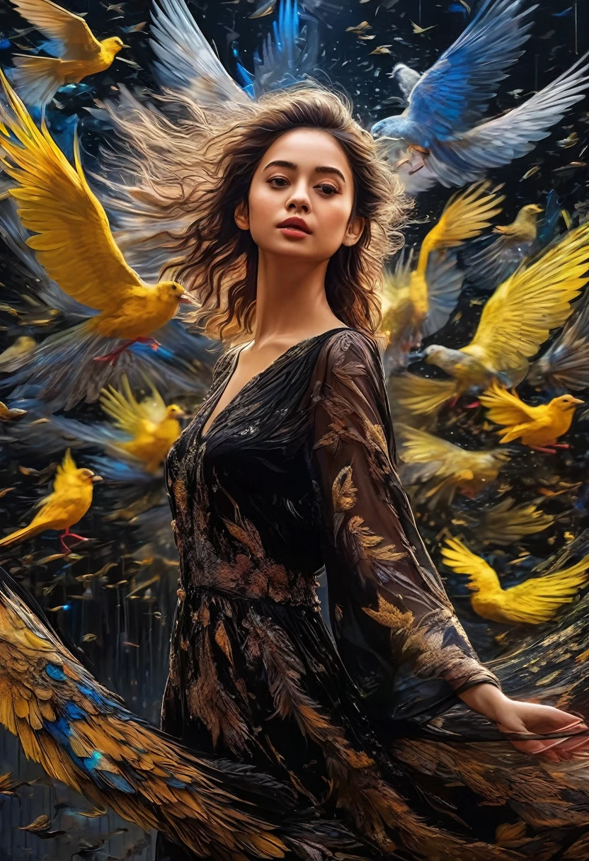 Rough surface, oil on canvas style, delicate face, upper body, a girl, a girl in a black dress, big bird wings, fluttering, surrounded by birds, extreme flow, night, super detailed, intricate, 32k uhd megapixels
best quality --iw 0.5 --q 2 - -s 750 - -two 2 5