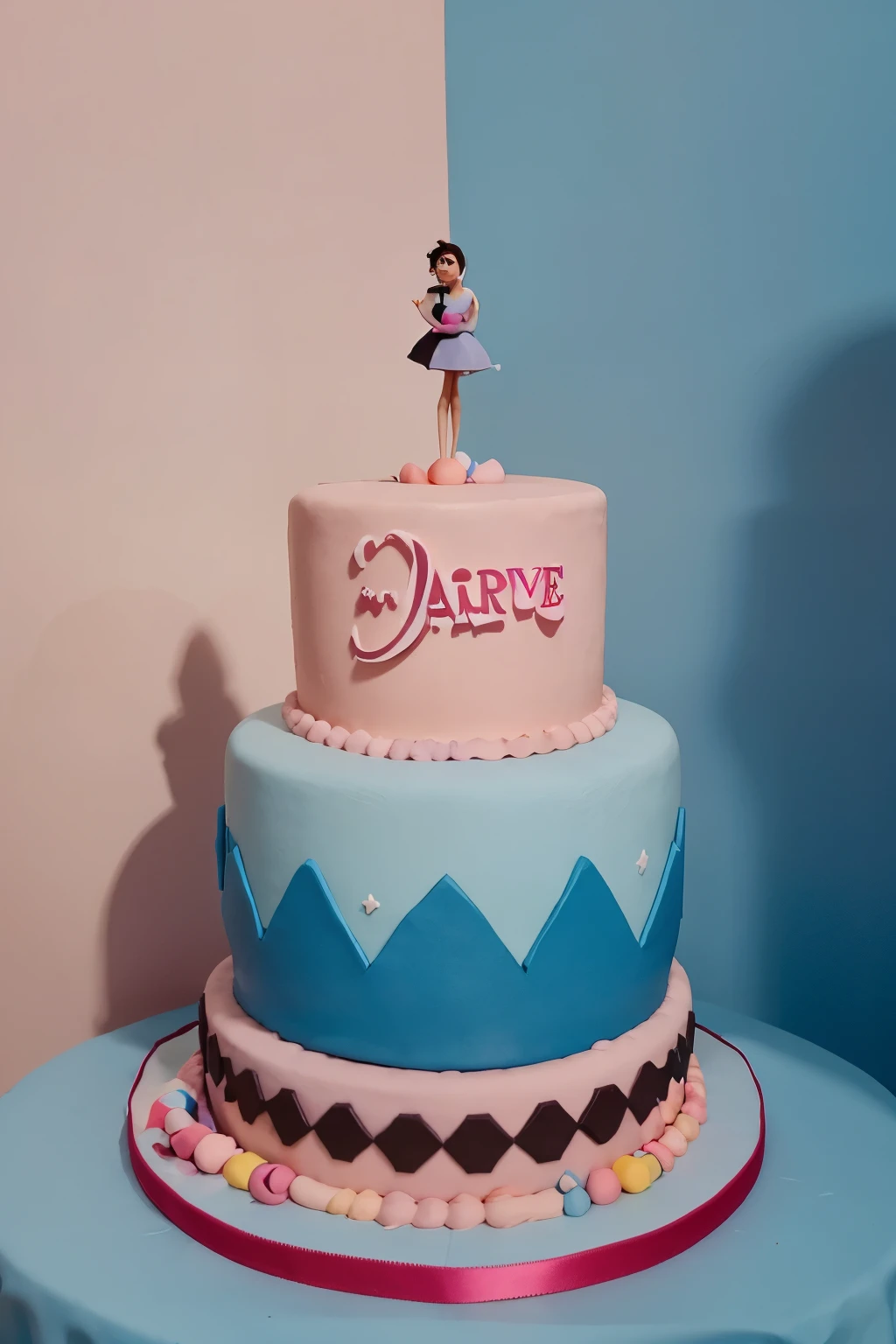 Create a cartoon cake with a Disney Pixar theme in pink and blue tones.