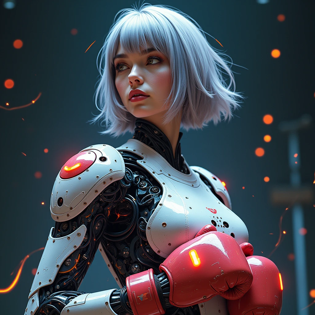 (masterpiece, Highest quality, Highest quality, Official Art, beautifully、aesthetic:1.2), Very detailed, (Abstract:1.2), Boxing gloves、Light trail, Vibrant colors, Visual clutter, Fluid movement, Fascinating patterns, Most detailed, A female android from the near future、Mechanical Body、Lots of cables、Precise and precise machinery、He uses his light footwork to confuse his opponents.、
1 girl, Full-length portrait of an adult Spanish woman、全身にネオンのLight trailがたくさん走る、, Amber Eyes, Grey wedge cut hair, Boxing gloves、
Portraiture, Character Focus, look up, alone, Upper Body, Detailed Background, Detailed face, (Circuit board AI, Electronic Themes:1.1), Stoic expression, Symmetrical Configuration, Side light, Cinematic atmosphere, Regalia,
Nardac,