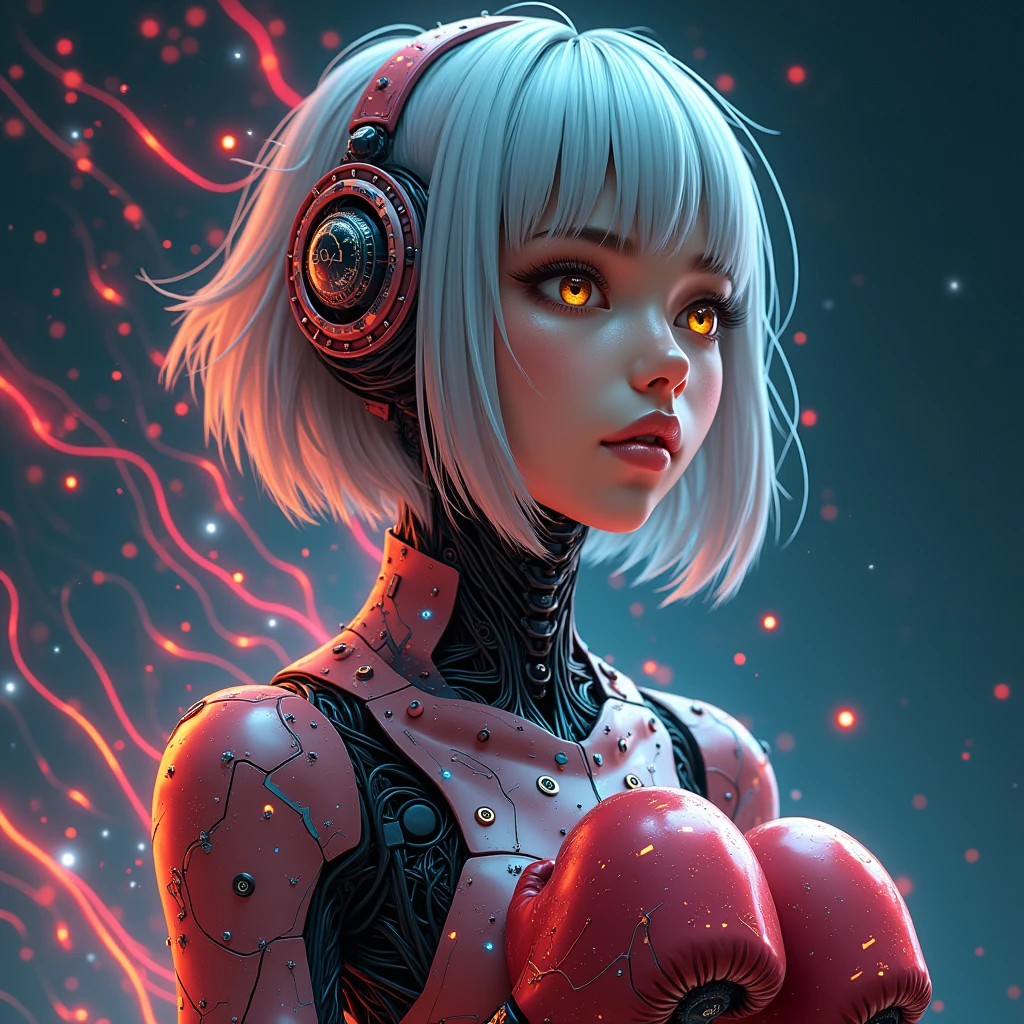 (masterpiece, Highest quality, Highest quality, Official Art, beautifully、aesthetic:1.2), Very detailed, (Abstract:1.2), Boxing gloves、Light trail, Vibrant colors, Visual clutter, Fluid movement, Fascinating patterns, Most detailed, A female android from the near future、Mechanical Body、Lots of cables、Precise and precise machinery、He uses his light footwork to confuse his opponents.、
1 girl, Full-length portrait of an adult Spanish woman、全身にネオンのLight trailがたくさん走る、, Amber Eyes, Grey wedge cut hair, Boxing gloves、
Portraiture, Character Focus, look up, alone, Upper Body, Detailed Background, Detailed face, (Circuit board AI, Electronic Themes:1.1), Stoic expression, Symmetrical Configuration, Side light, Cinematic atmosphere, Regalia,
Nardac,