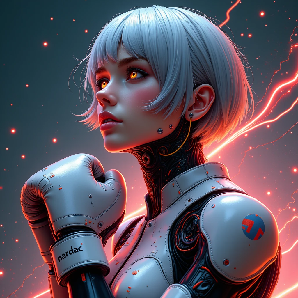 (masterpiece, Highest quality, Highest quality, Official Art, beautifully、aesthetic:1.2), Very detailed, (Abstract:1.2), Boxing gloves、Light trail, Vibrant colors, Visual clutter, Fluid movement, Fascinating patterns, Most detailed, A female android from the near future、Mechanical Body、Lots of cables、Precise and precise machinery、He uses his light footwork to confuse his opponents.、
1 girl, Full-length portrait of an adult Spanish woman、全身にネオンのLight trailがたくさん走る、, Amber Eyes, Grey wedge cut hair, Boxing gloves、
Portraiture, Character Focus, look up, alone, Upper Body, Detailed Background, Detailed face, (Circuit board AI, Electronic Themes:1.1), Stoic expression, Symmetrical Configuration, Side light, Cinematic atmosphere, Regalia,
Nardac,
