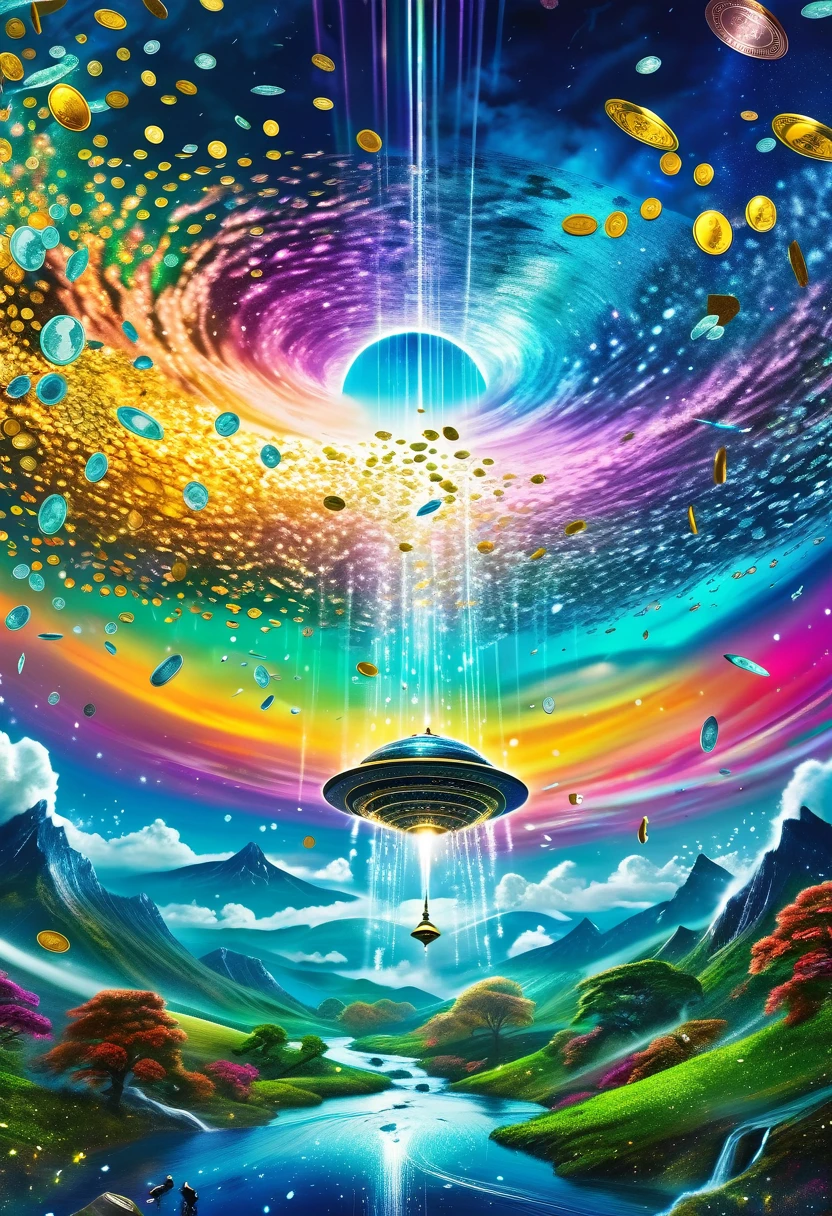A surreal scene featuring a satellite orbiting a mysterious planet, surrounded by swirling clouds of cosmic colors. The satellite has intricate designs reminiscent of traditional Suzuki artistry. Below, a rain of shimmering coins and banknotes cascades from the sky, creating a dazzling spectacle. The atmosphere is filled with a sense of wonder and intrigue, with hints of fantasy and adventure. The art style should be vibrant and detailed, capturing the essence of both the technological and the mystical, with cinematic lighting that highlights the contrast between the cold metal of the satellite and the warm glow of the money rain.