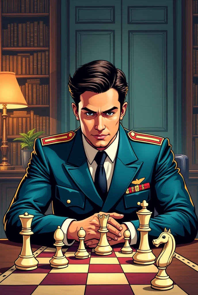Chess pieces drawn. a comic. The character is a young handsome officer