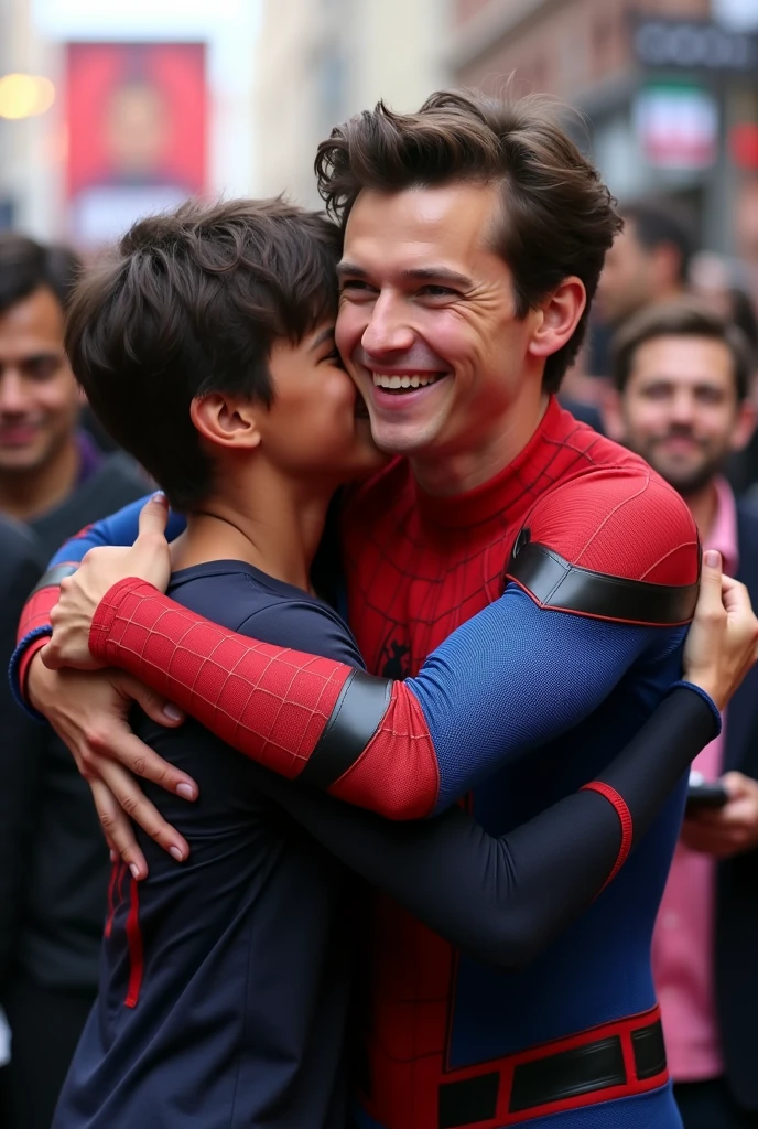 Tom Holland hugging a male fan 