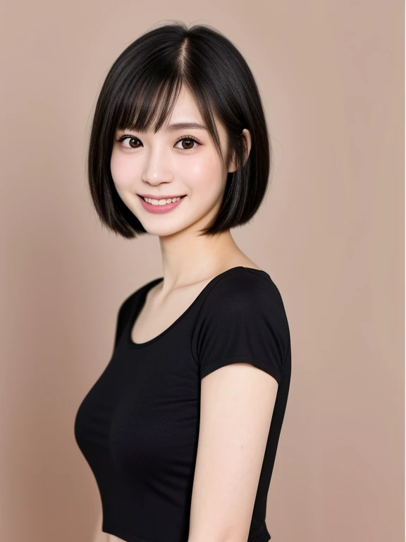 (kawaii 24 year-old Japanese girl, Nogizaka idol, Korean idol), healthy female athlete body, (glossy black hair, short hair, pixie cut, bangs:1.3), (rounded face, pure black eyes, single eyelid, no makeup, splashing best smile:1.2), (crew neck cropped t-shirt:1.3), breasts focus, extra small breasts, bare stomach visible, tight jeans, BREAK, (plain white background:1.3), (dynamic angle, upper body shot:1.2), BREAK, (masterpiece, best quality, photo realistic, official art:1.4), (UHD, 8K quality wallpaper, high resolution, raw photo, golden ratio:1.3), (shiny skin), professional lighting, physically based rendering, award winning, (highly detailed skin, extremely detailed face and eyes), Carl Zeiss 85 mm F/1.4, depth of field, 1girl, solo,