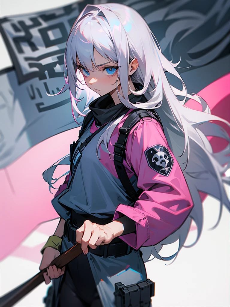 Lori,Gray Hair,Long Hair,blue eyes,Tough clothes with pink skulls,Holding a flag,