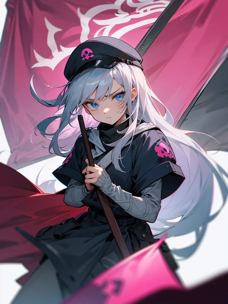 Lori,Gray Hair,Long Hair,blue eyes,Tough clothes with pink skulls,Holding a flag,
