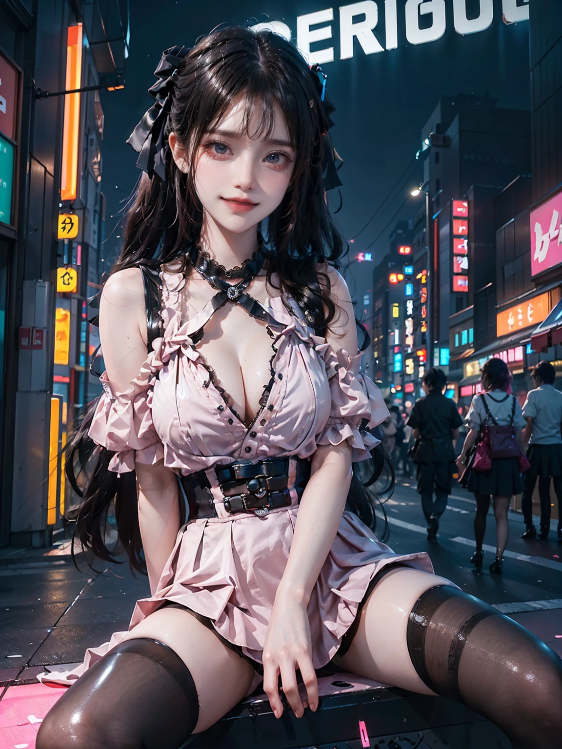 ((16K)),((masterpiece:1.3)), ((Highest quality)), ((Ultra-high resolution)), (Very detailed), (Realistic, photoRealistic:1.4), Perfect lighting,((Side light)), Written boundary depth, Surrealism,No makeup, Film Grain, chromatic aberration, Sharp focus, Face Light,((Beautiful detailsまでこだわった髪)),((Beautiful eyelashes)), Beautifully detailed face, ((Beautiful Hair)),Beautiful details, Beautiful clavicle, Beautiful body, Thin legs,Beautiful , Beautiful legs, ((Detailed and carefully drawn hand)), Cleavagct Anatomy, Supermodel with a long neck,((Skinny1.3)),23 years old,Looking into the camera,(Perfect Anatomy,Anatomically correct, Very detailed肌), Glowing Skin,((pale skin)),((beautiful girl:1.1)),(( large breasts :1.5)),air,((two side up)),(Medium Hair:1.4, Wavy Hair:1.2, Black Hair) ,((Hime cut:1.1)),Dainty facial structure,((Captivating smile:1.5)),((Spread legs:1.4)),((Wi(wind effect)),pink panties, ((shirt lift:1.3)),((fro)),(((wearing jirai fashion, shiny pink satin, shiny pink latex, high neck, short dress with many frills, pink Lace, micro mini skirt, bow ribbon)))+, ((super large breasts)), ((see-through black thighhigh( Create a vibrant and detailed image of Akihabara at night:1.5)), Akihabara,showcasing its iconic neon-lit streets,((The scene should feature tall buildings adorned with colorful neon signs:1.4)), ((electronic billboards1.4)), and advertisements, casting a bright,(( multi-colored glow over the bustling street below)), ((The sidewalks are filled with people)), ((some in unique fashion styles like "jirai kei" or cosplay)), reflecting the eclectic and lively atmosphere of the area,((The overall mood should be energetic and slightly futuristic, capturing the essence of Tokyo's famous Electric Town)), neon lights and holographic advertisements illuminating the scene,((wide shot:1.4)),