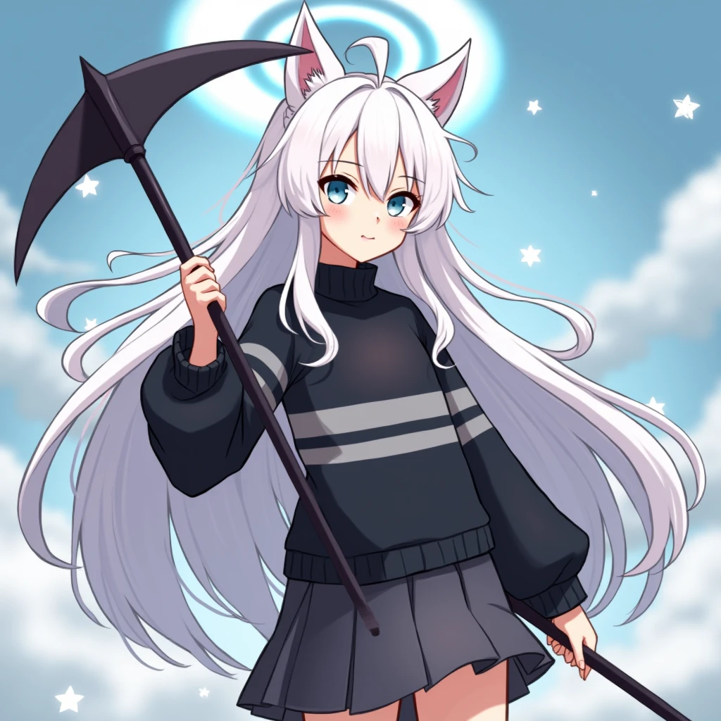 A girl waring black sweater with gray horizontal stripes, caro skirt and have white long hair with floating halo in , have white kitsune ears holding a energy scythe