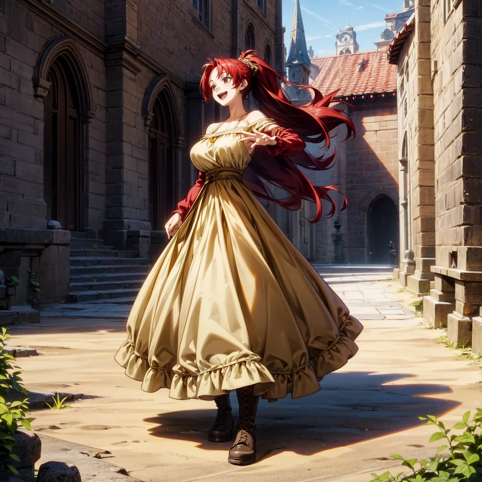 Solo character, full body version, young girl, black eyes, red color hair, very long hair, ponytail, long dress clothing, yellow color dress, bare shoulder clothing, long skirt, boots, outdoor, village, medieval, morning, standing gesture, detailed background, detailed clothing, detailed hair, happy eyes, open mouth, big Breast 