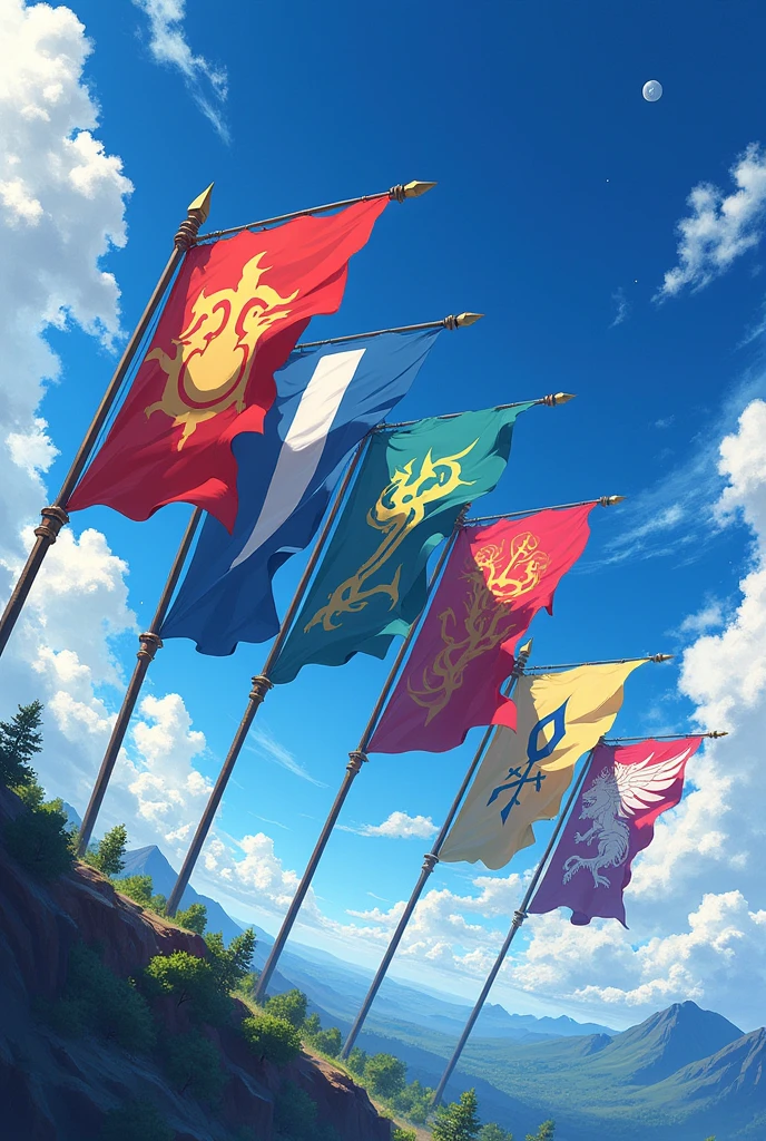 5 banner flags raising anime front