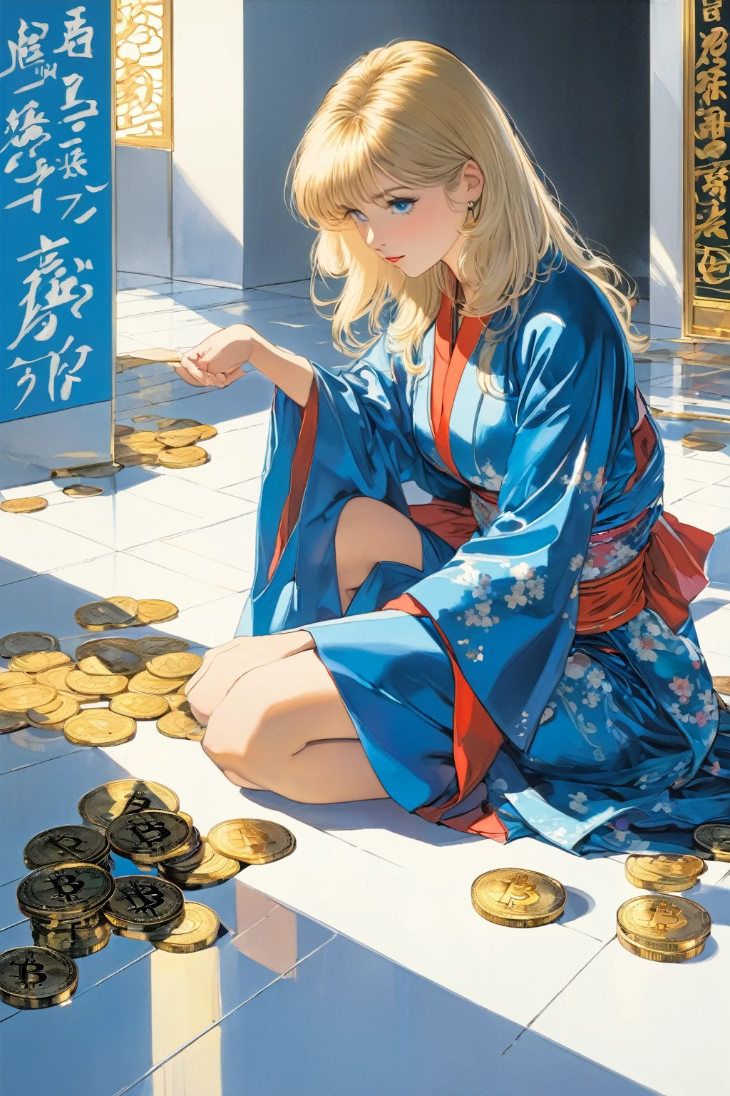 1girl blonde hair reveal blue kimono hold a bitcoin and sit on white floor,
1980s japan
(art by Noriyoshi Ohrai )