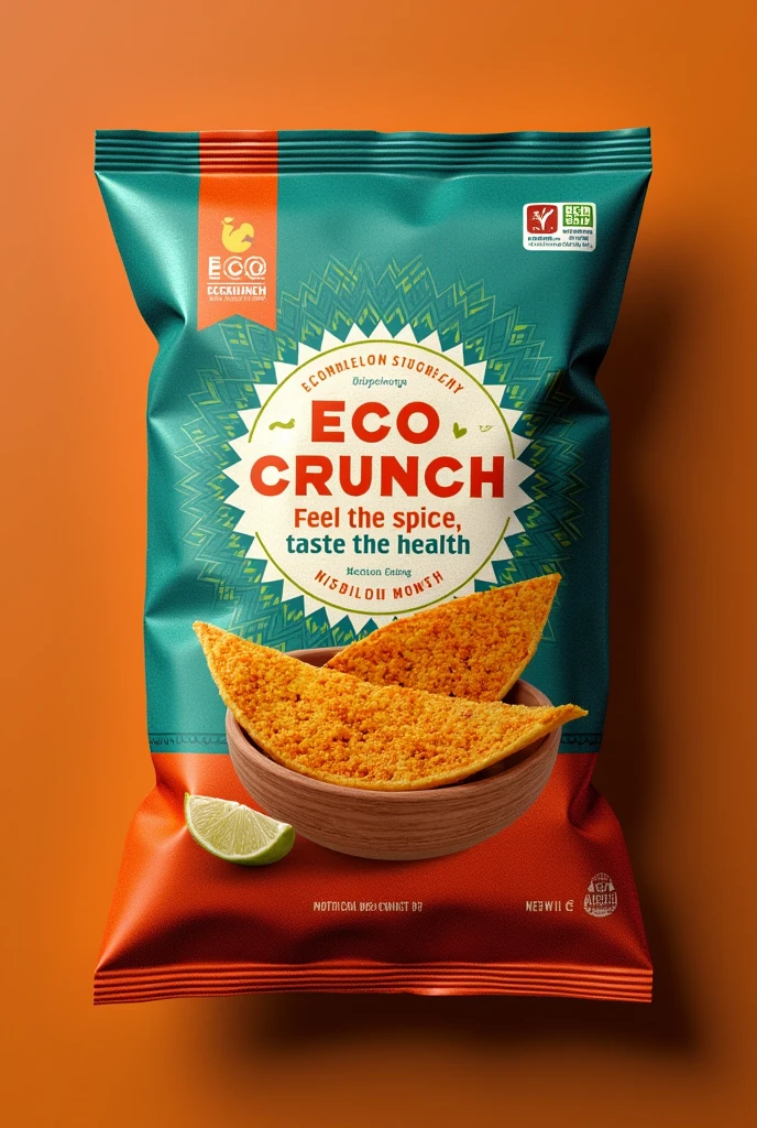 A visually appealing packaging design for chips packet 
Chips are made of muskmelon seeds powder mixed with water , dry roasted and topped with indian spices 
Indian touch required to the packaging 
Creative designs 
Comapny name - Ecocrunch 
Tagline to be included - Feel the spice, taste the health

