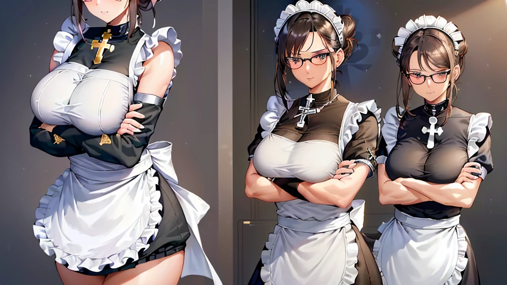 {{masterpiece}},high quality, 4K, 2D,1 girl,{Simple gray background},(45-year-old woman,Mature Woman:1.7),Are standing,(Saggy breasts:0.4),(Huge breasts:1.3),(maid:1.7), Black Hair,(Hair Bun:1.2),1 Knitting,Impossible clothes, {Face and body from the front},{Front shot},Wearing glasses,Inside the room,Upper Body,(Cross your arms forward:2)