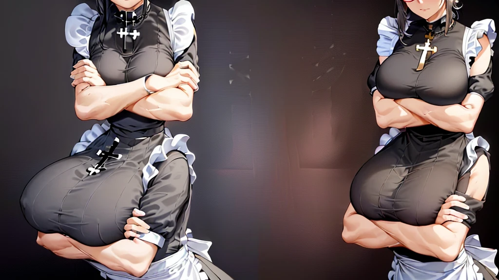 {{masterpiece}},high quality, 4K, 2D,1 girl,{Simple gray background},(45-year-old woman,Mature Woman:1.7),Are standing,(Saggy breasts:0.4),(Huge breasts:1.3),(maid:1.7), Black Hair,(Hair Bun:1.2),1 Knitting,Impossible clothes, {Face and body from the front},{Front shot},Wearing glasses,Inside the room,Upper Body,(Cross your arms forward:2)