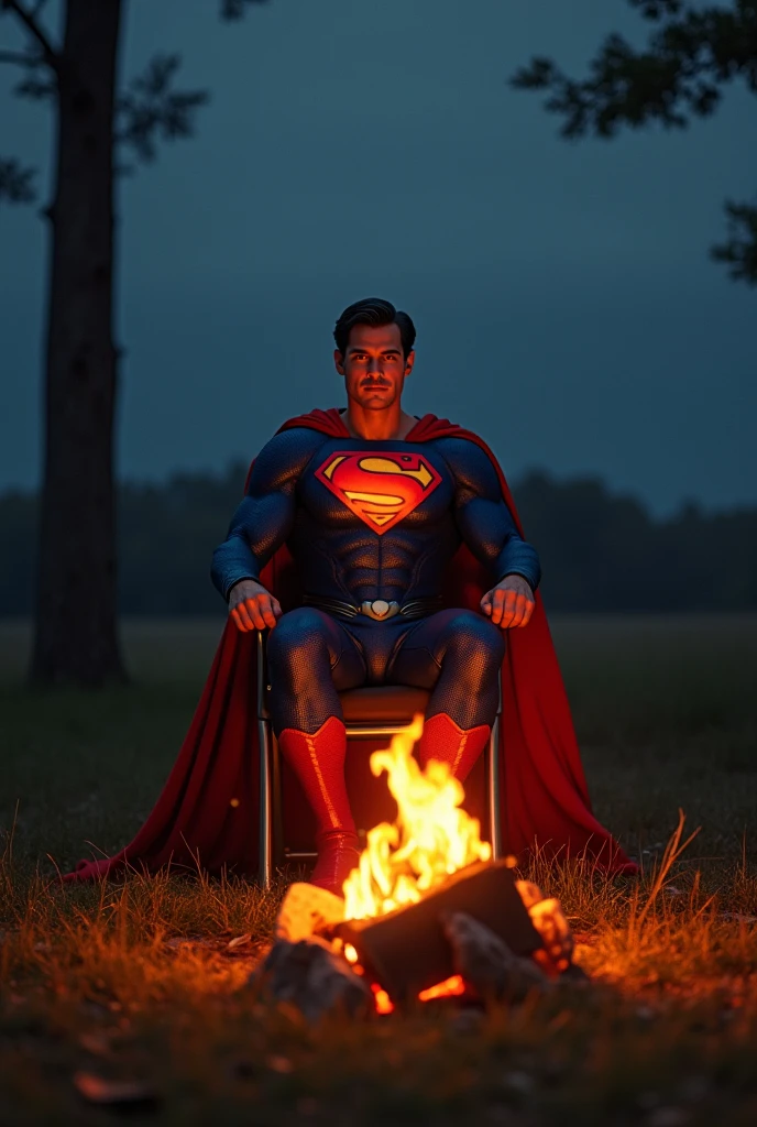 superman seating front of campfire, with face