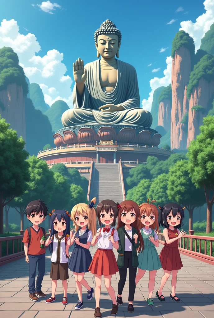 A tourist photo,Photo with Leshan Giant Buddha,Chinese style anime style,Positive face