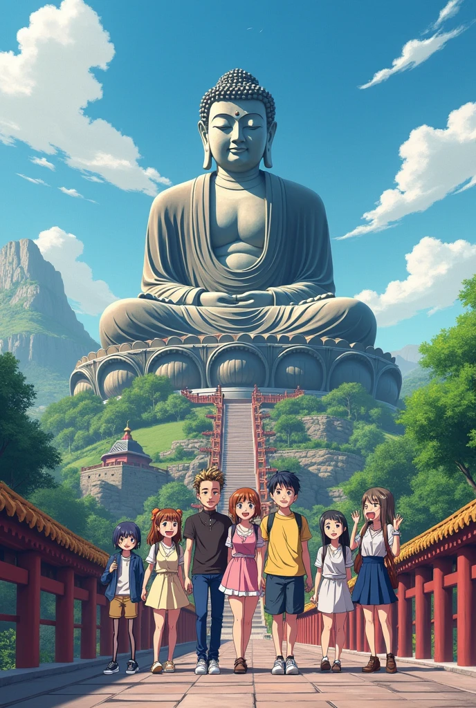 A tourist photo,Photo with Leshan Giant Buddha,Chinese style anime style,Positive face