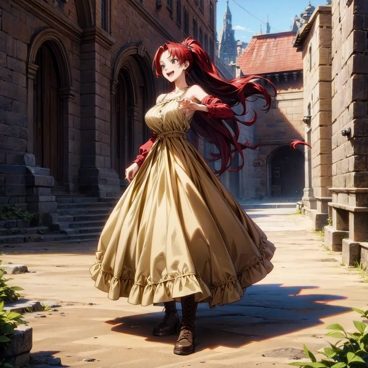 Solo character, full body version, young girl, black eyes, red color hair, very long hair, ponytail, long dress clothing, yellow color dress, bare shoulder clothing, long skirt, boots, outdoor, village, medieval, morning, standing gesture, detailed background, detailed clothing, detailed hair, happy eyes, open mouth, big Breast 