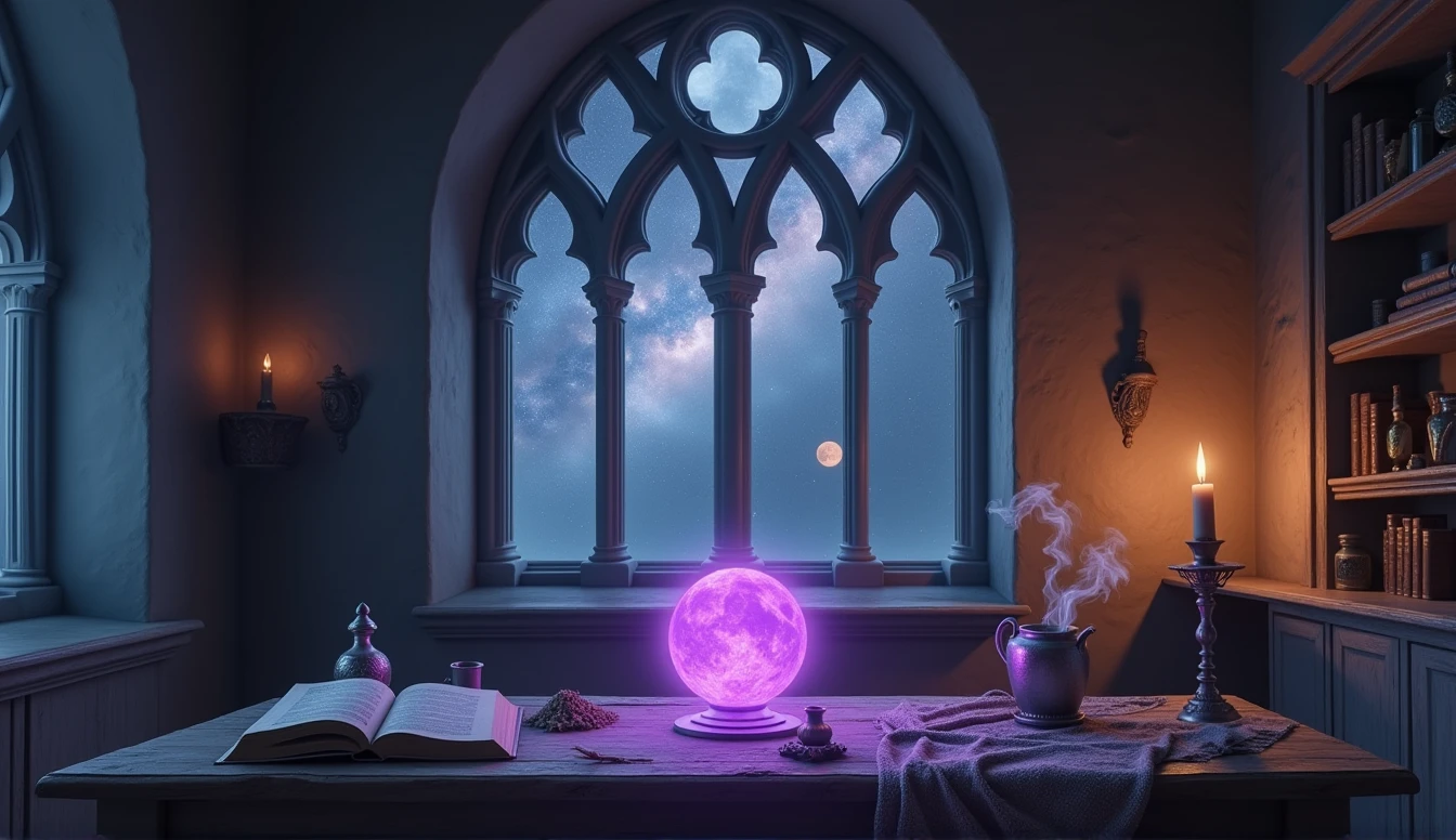 the witch room that have long working table with violet magic ball at center of table, on the table have some book open and close, have feather pen, have some candle, have herb and dry herb, on the right of table havesmall silver cub that have smoke.
on left wall have a shelf of small magic potion bottle. on the right have book shelf
behide that table have large clear gothic window that see night sky, milky way and have two of moon