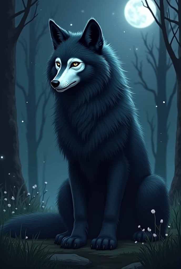 Beautiful Furry fursona female wolf with a white skull face, night time
