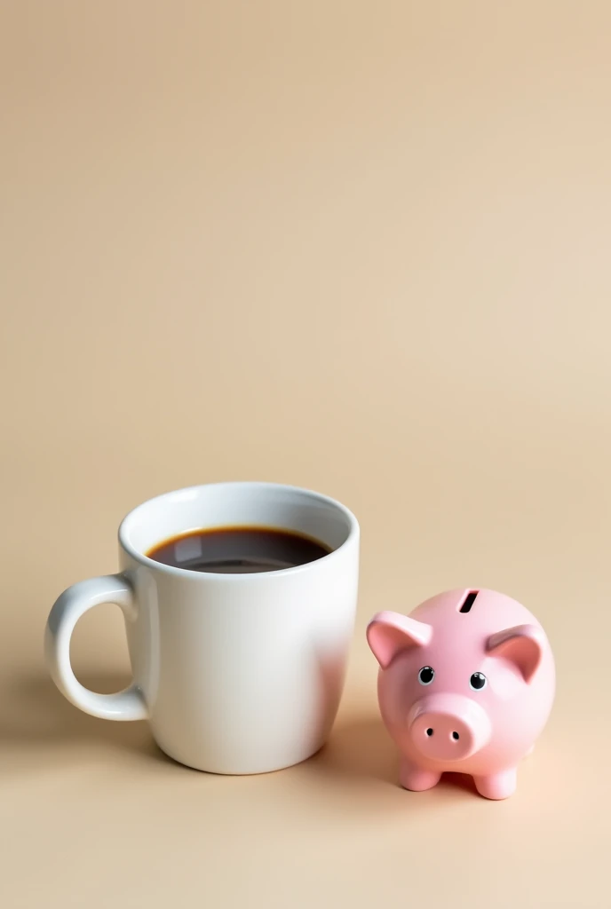 A white cup of coffee with a cute pink piggy bank placed next to the cup. The image has neutral tones such as beige