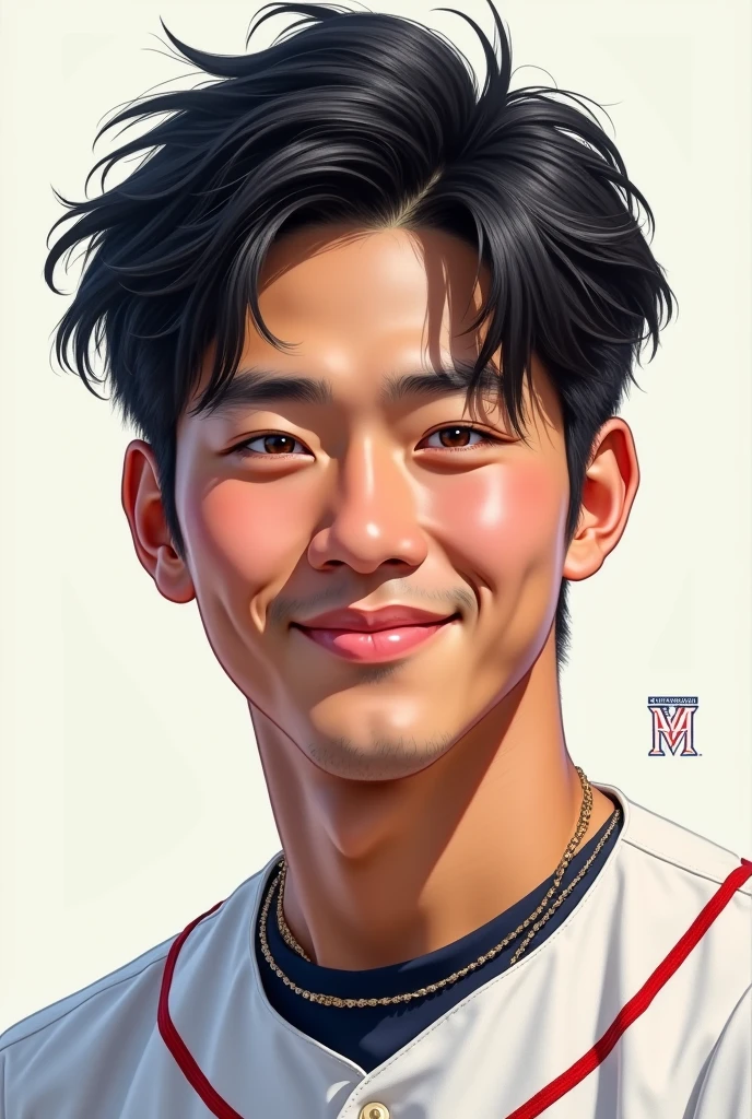 Shohei Ohtani, short hair, smile, droopy eyes, oval face