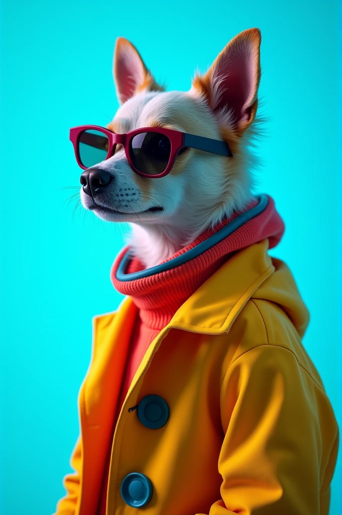 The best cell phone wallpaper, Award-Winning Wallpaper, portrait photography, In the front view is a portrait of a cute dog wearing mid-1960s space age fashion, Side view photo, Shot with Canon EOS R5, Set a strong contrast that accentuates the subject, Fluorescent blue tone, Wearing a very modern coat and sunglasses is a modern 1960s style, Clothes all in one color, beautiful background