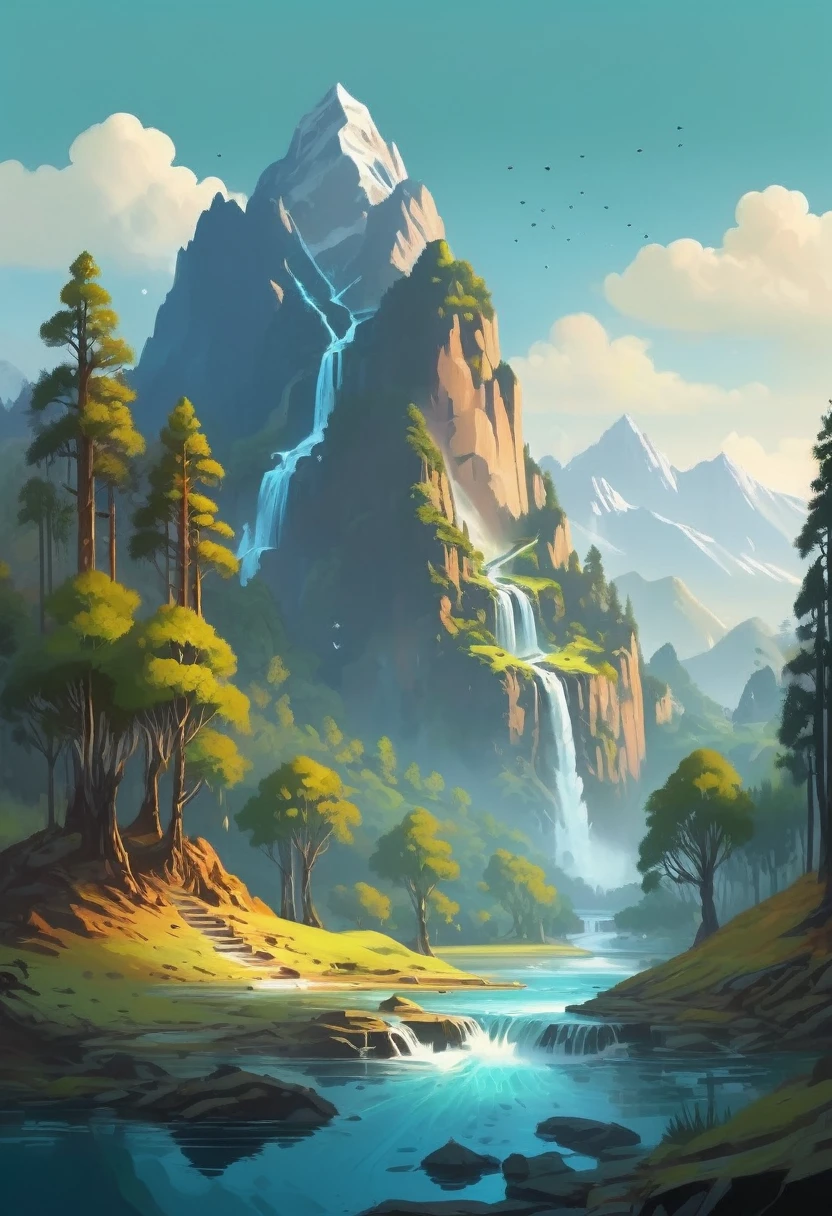 impressive painting of a mountain with trees and water, a detailed painting by Petros Afshar, shutterstock contest winner, environmental art, detailed painting, outlined art, 2d game art, isolated background for logo, strong contours, logo design