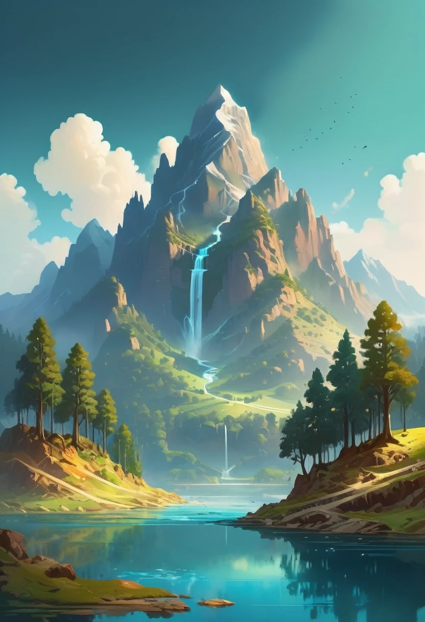 impressive painting of a mountain with trees and water, a detailed painting by Petros Afshar, shutterstock contest winner, environmental art, detailed painting, outlined art, 2d game art, isolated background for logo, strong contours, logo design
