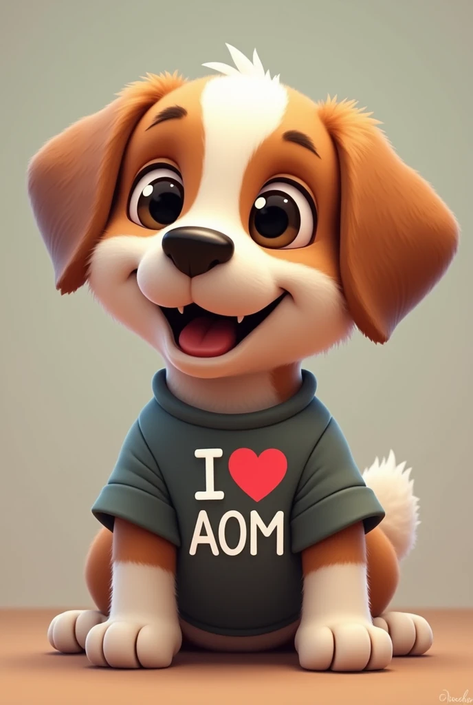 "Create an image of a smiling puppy based on photo wearing a shirt with the text 'I love AOM' on it.