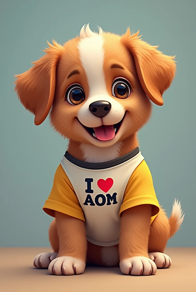 "Create an image of a smiling puppy based on photo wearing a shirt with the text 'I love AOM' on it.