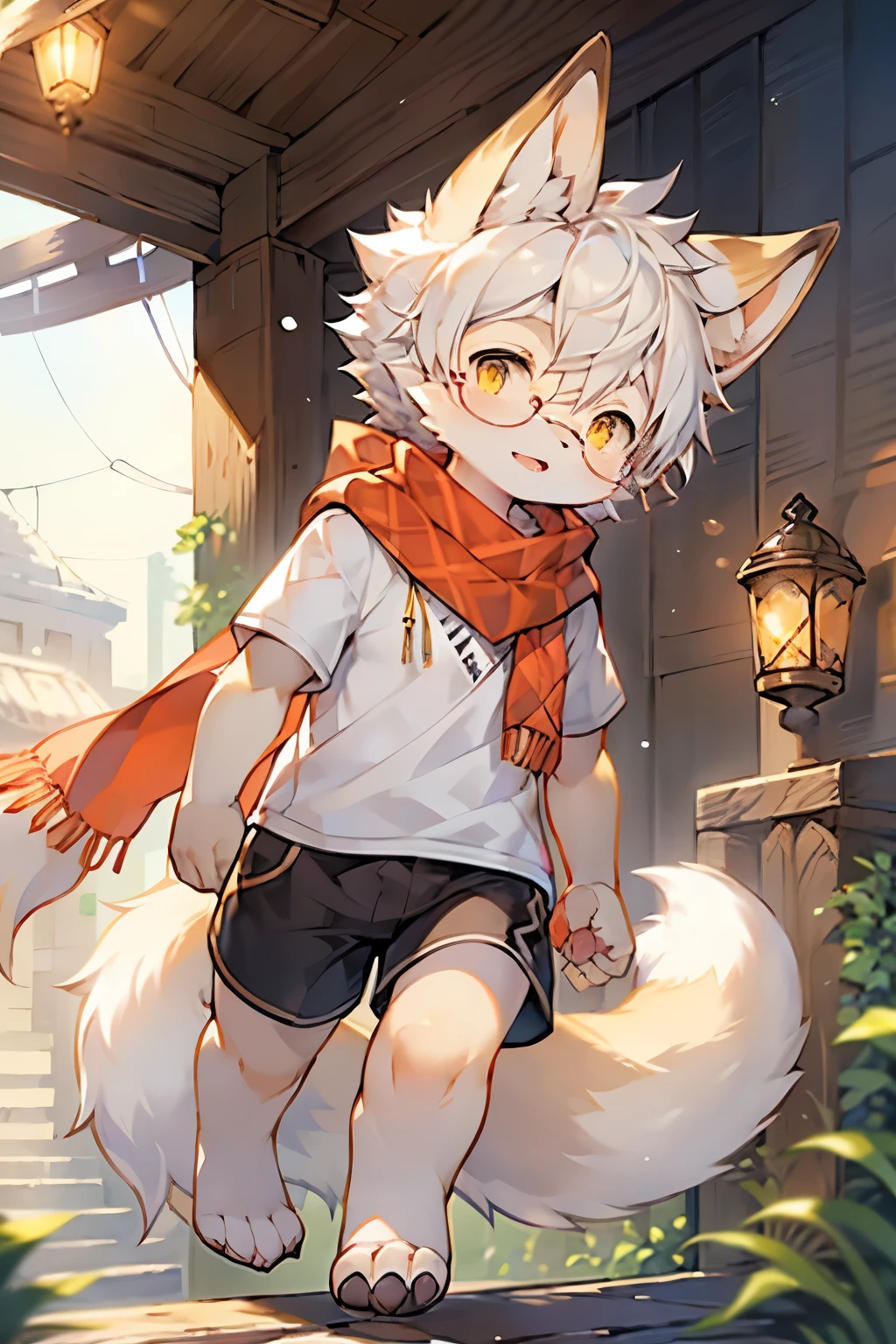 Fox Boy,Furry boys,Infant and child characteristics,White hair,Yellow skin,White Arm,Glasses,scarf,Short sleeve,shorts,run