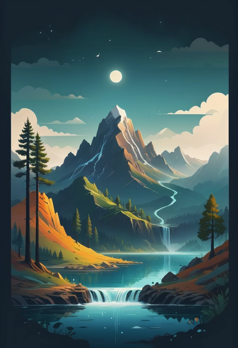 impressive painting of a mountain with trees and water, a detailed painting by Petros Afshar, shutterstock contest winner, environmental art, detailed painting, outlined art, 2d game art, isolated background for logo, strong contours, logo design