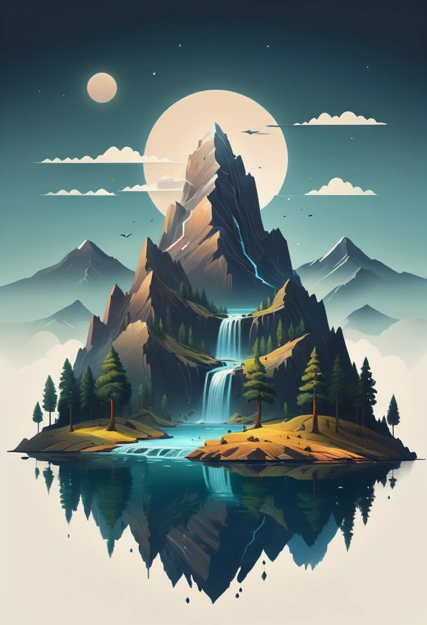 impressive painting of a mountain with trees and water, a detailed painting by Petros Afshar, shutterstock contest winner, environmental art, detailed painting, outlined art, 2d game art, isolated background for logo, strong contours, logo design