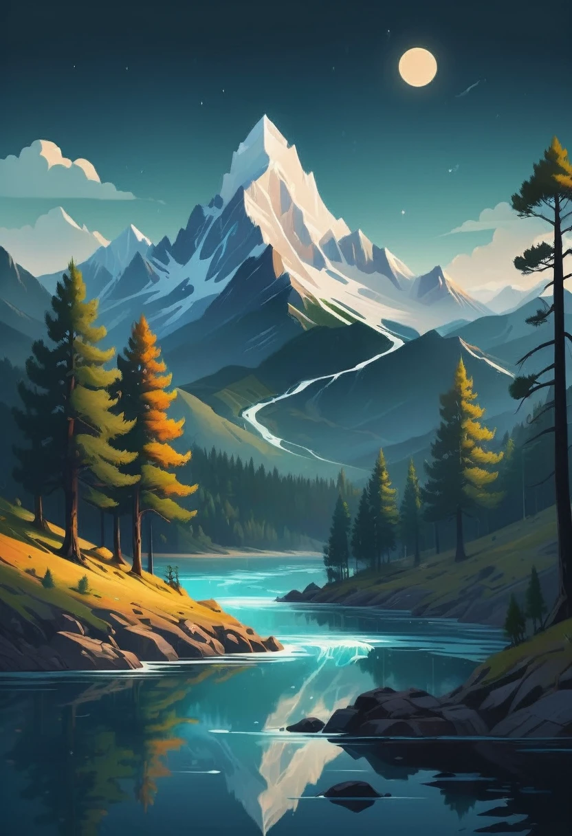 impressive painting of a mountain with trees and water, a detailed painting by Petros Afshar, shutterstock contest winner, environmental art, detailed painting, outlined art, 2d game art, isolated background for logo, strong contours, logo design