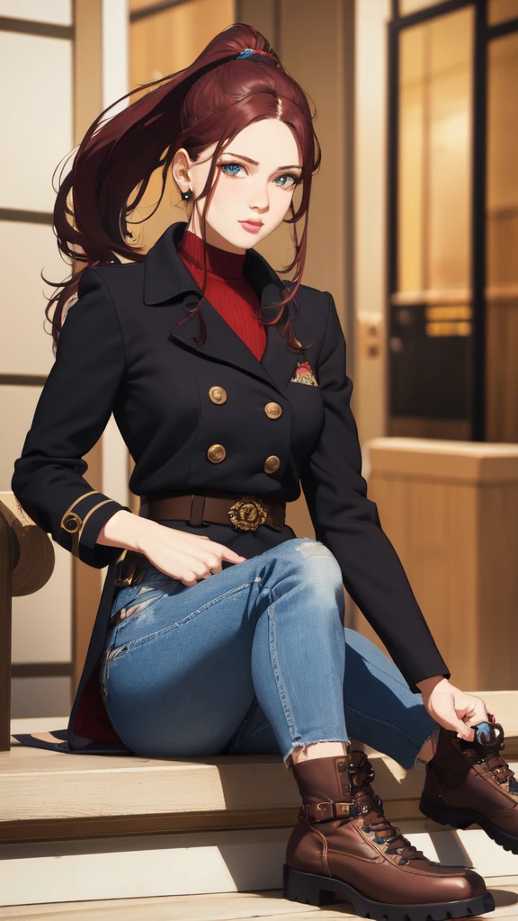 a beautiful girl with long burgundy hair tied in a ponytail, burgundy eyes, wearing a green waist-length coat, slightly tapered blue jeans, and black ankle boots with a small heel, (best quality,4k,8k,highres,masterpiece:1.2),ultra-detailed,(realistic,photorealistic,photo-realistic:1.37),intricate details,natural lighting,cinematic,warm color palette,highly detailed portrait