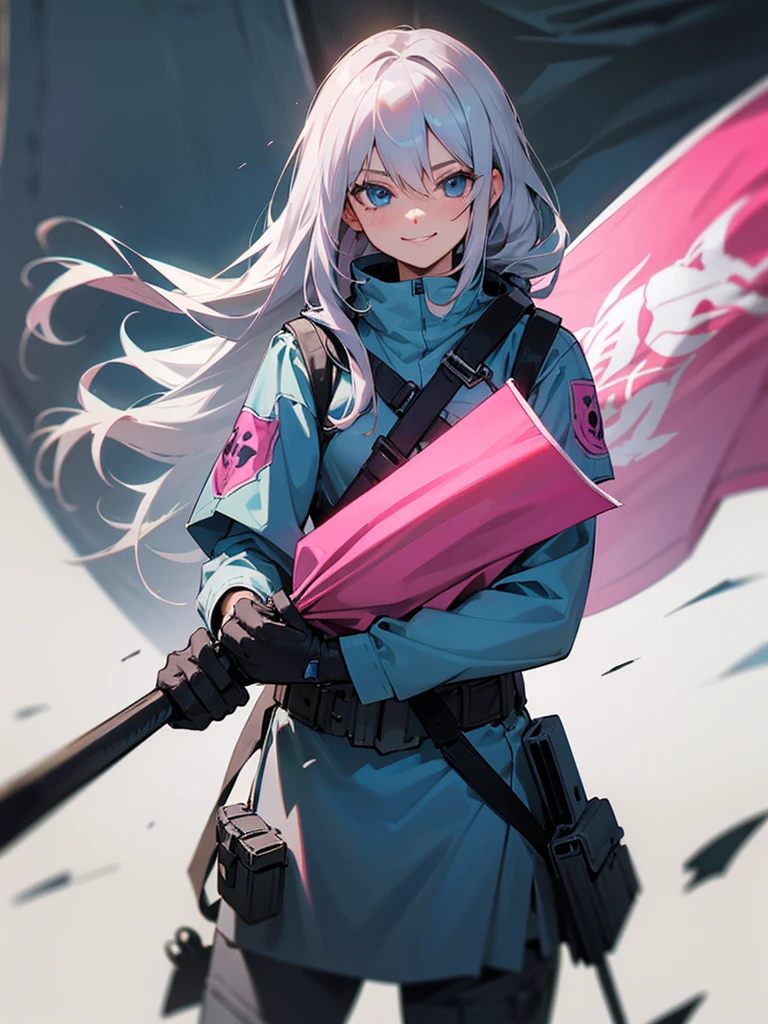 Lori,Gray Hair,Long Hair,blue eyes,Tough clothes with pink skulls,Holding a flag,cute,smile,smile,Lori