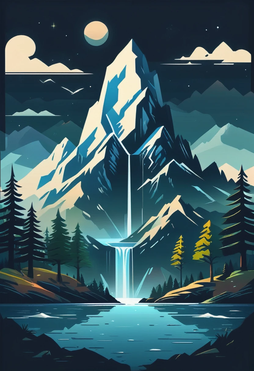 impressive painting of a mountain with trees and water, a detailed painting by Petros Afshar, shutterstock contest winner, environmental art, detailed painting, outlined art, 2d game art, isolated background for logo, strong contours, logo design