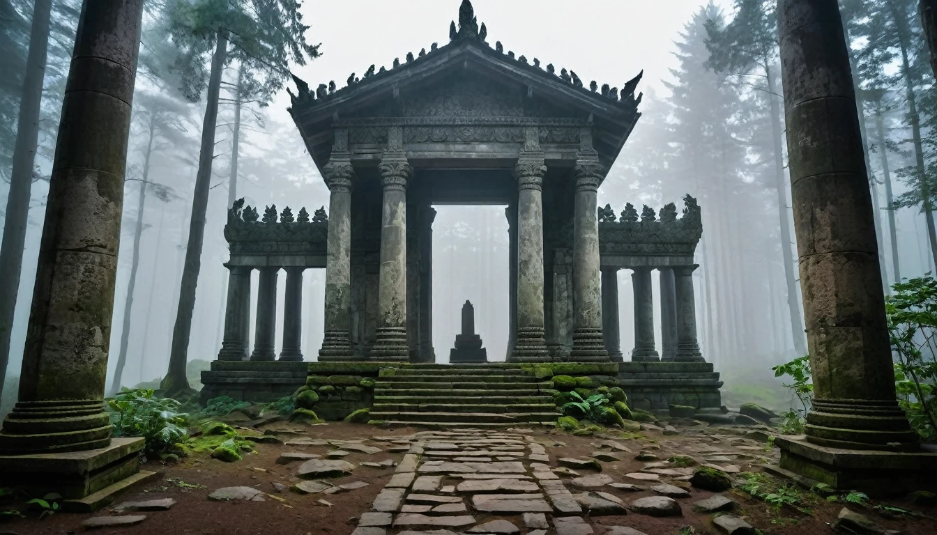 Inside a building in the forest, Stone pillars in the background, White and dirty temple, in the forest, Thick Fog, Fantasy, dim